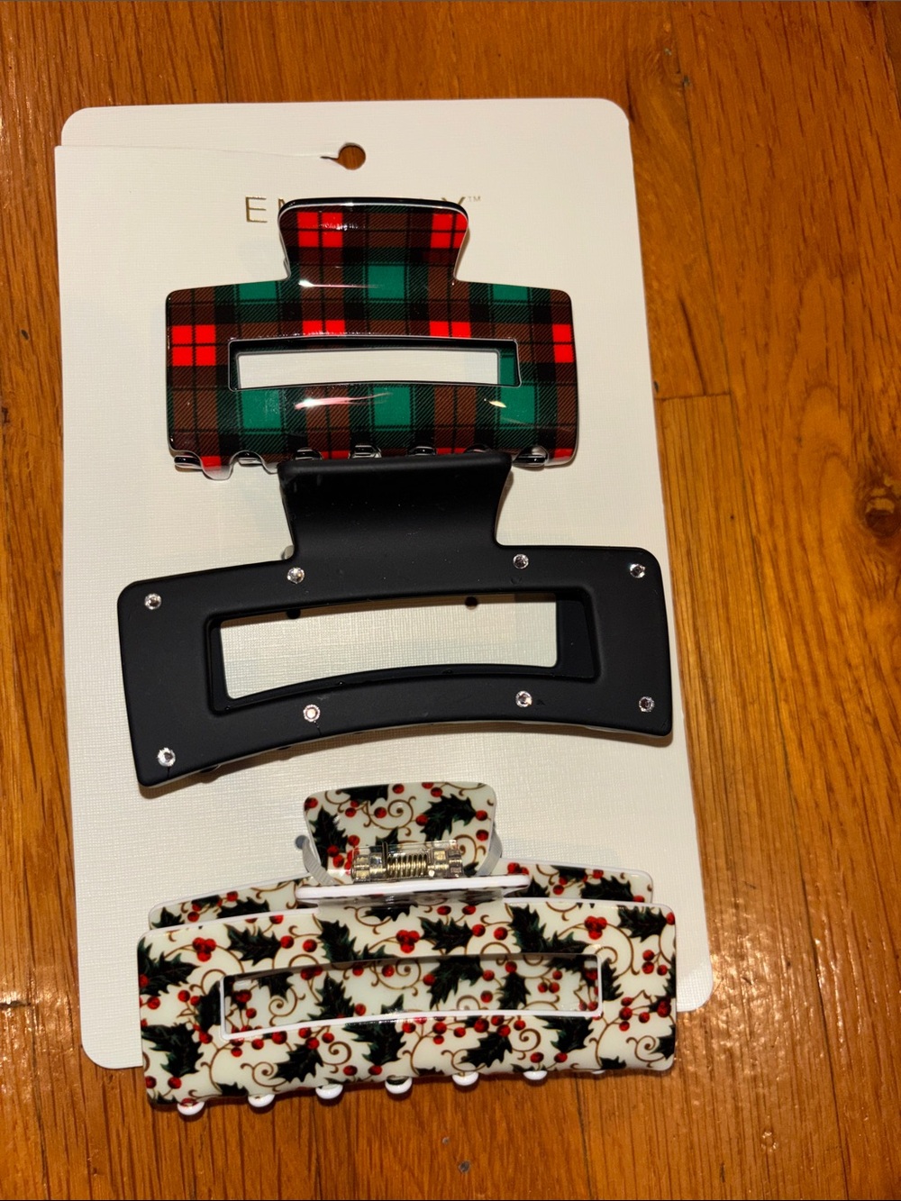 Emberly 3-Piece Holiday Hair Clip Set - Red Green Plaid, Black, White Holly New